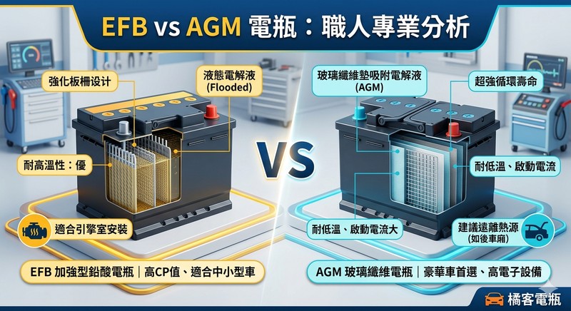 橘客電瓶：AGM 與 EFB 電瓶差異全解析及啟停系統保養指南