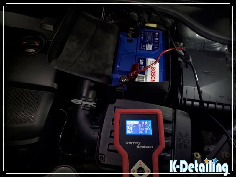 福斯 Golf MK5 電瓶更換後靜態檢測顯示電壓12.55V冷啟動電流615CCA內阻4.44壽命100%
