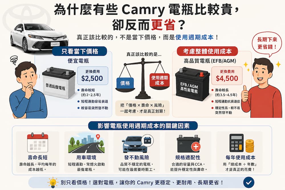 Camry 電瓶價格與使用週期成本比較示意圖，解析一般鉛酸、EFB與加大規格電瓶的壽命、價格與發不動風險差異