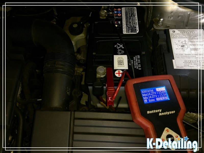 福斯Golf 6代發電機日間低電力負載科學檢測 2010年福斯Golf電瓶更換後進行發電機日間電力負載檢測顯示電訝 14.21V