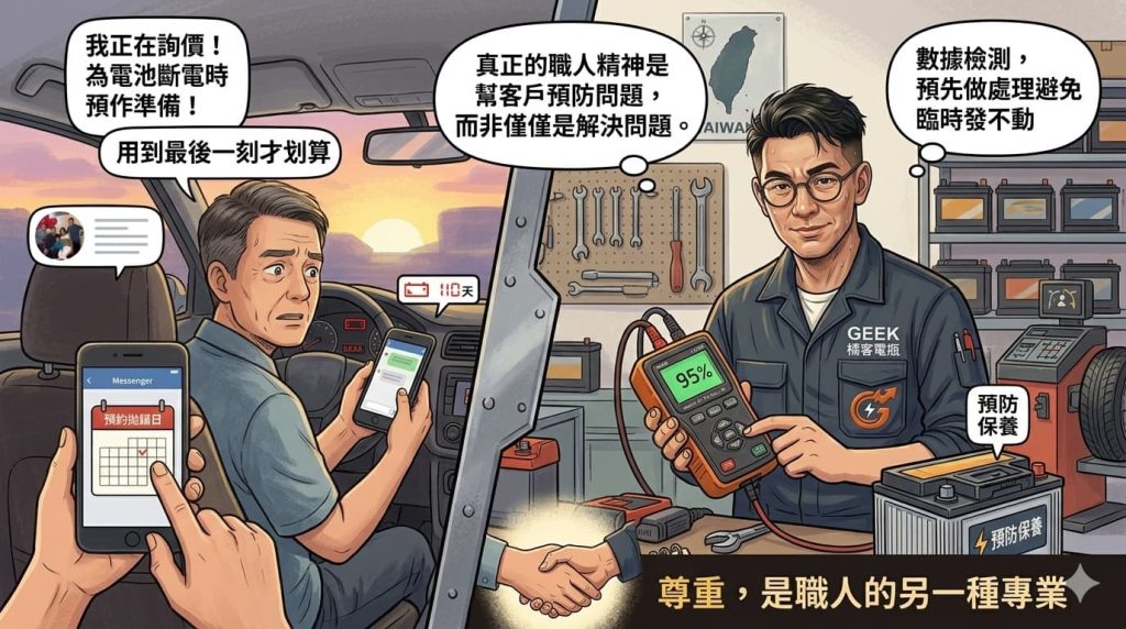 G桑收到淡水車主的詢價訊息，畫面呈現出車主「預約拋錨」的冒險心態與職人強調「數據檢測、預防保養」的專業對比