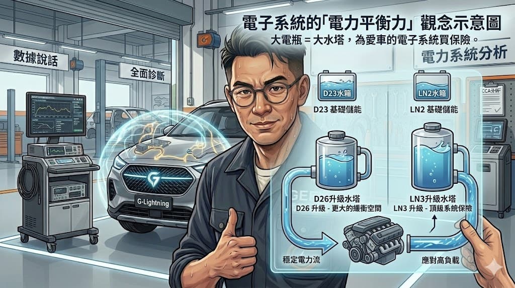 G桑解釋RAV4電瓶電力平衡力與水塔升級示意圖：D23升級D26與LN2升級LN3