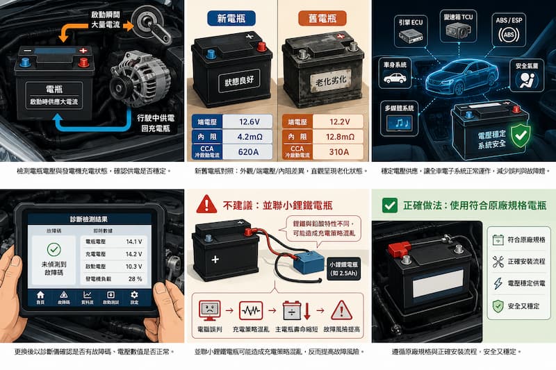 汽車電瓶電力平衡、BMS電瓶管理系統與發電機供電關係示意插畫