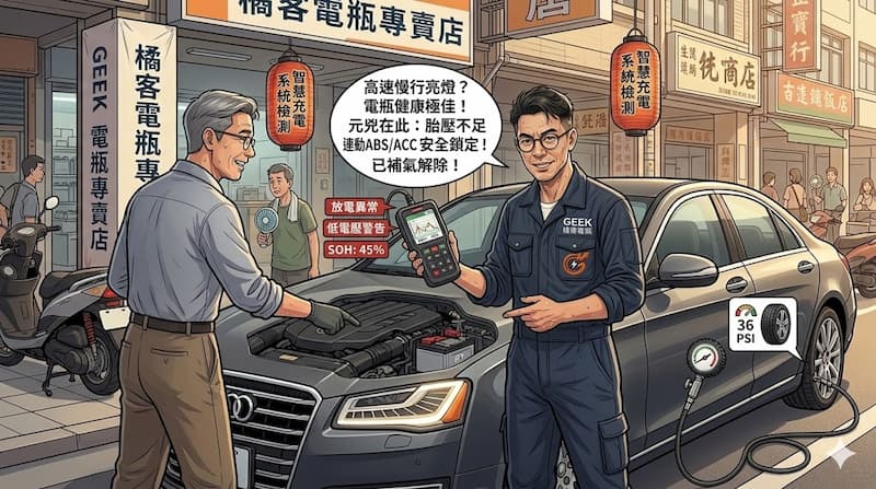 橘客電瓶G桑隨筆-高速公路塞車時現代車款儀表板ABS與ACC及胎壓故障燈齊亮之專業數據與電腦診斷交叉檢測