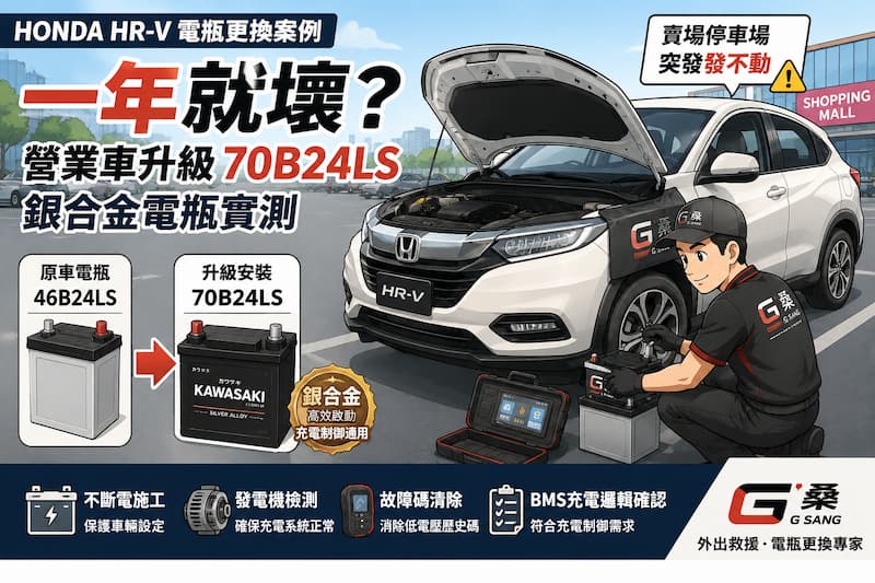 HR-V 電瓶更換案例｜一年就壞？營業車升級 70B24LS 銀合金電瓶實測