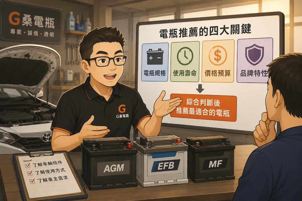 G桑向車主說明電瓶推薦並非只看品牌，而是依據車輛條件、用車習慣、規格與需求綜合判斷適合的電瓶。
