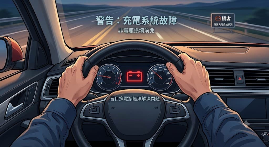 汽車儀表板亮起紅色電瓶燈顯示充電系統故障，雙手握著方向盤行駛於公路上的示意圖