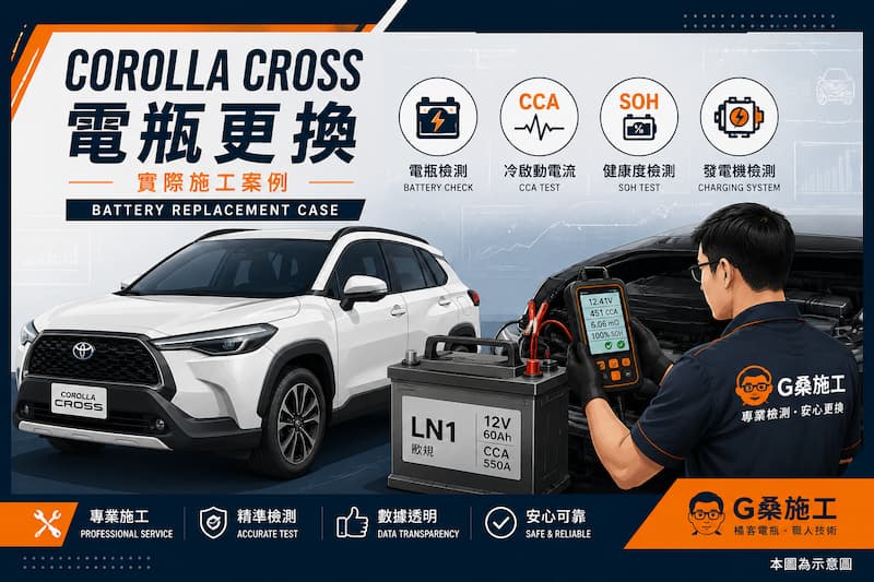Toyota Corolla Cross 電瓶更換實際施工案例示意圖，展示 LN1 電瓶更換、CCA 冷啟動測試、SOH 健康度檢測與發電機回充檢測流程。