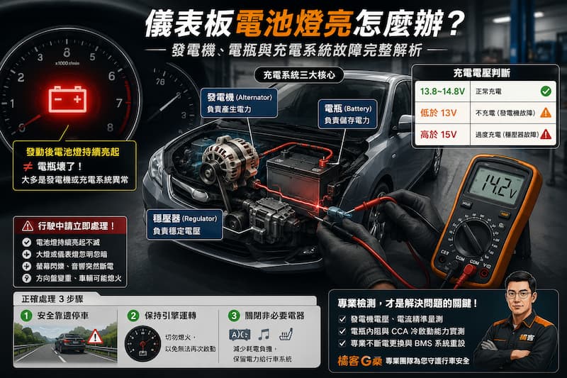 儀表板電池燈亮怎麼辦？發電機、電瓶與充電系統故障判斷示意圖