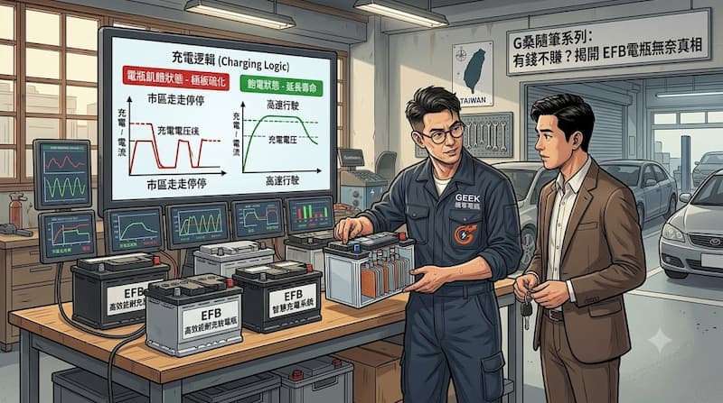 G桑向車主說明 EFB 電瓶與 BMS 充電策略，分析不同用車習慣對電瓶壽命的影響，並解釋為何特定情況下建議回原廠更換電瓶（本圖為示意圖）