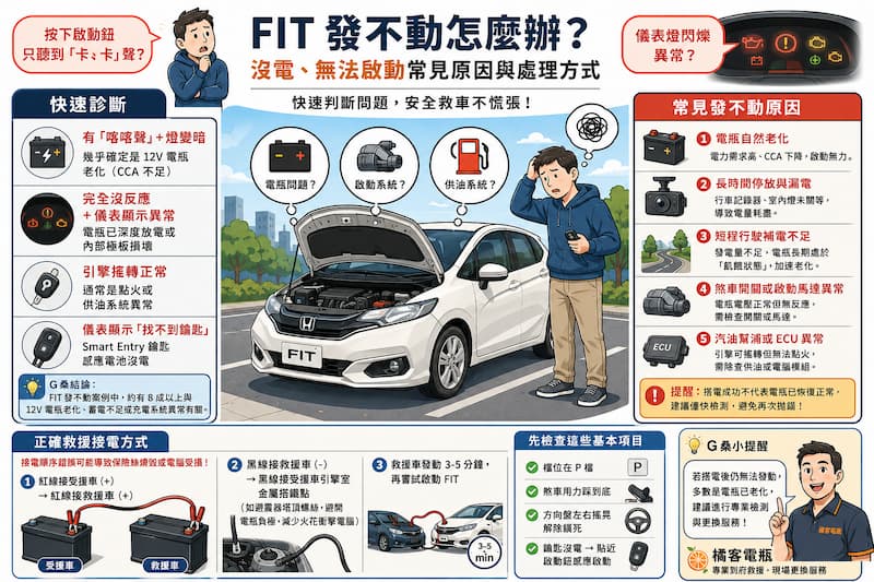 Honda FIT 發不動常見原因與處理方式插畫，說明電瓶沒電、無法啟動、快速診斷與救援接電流程。