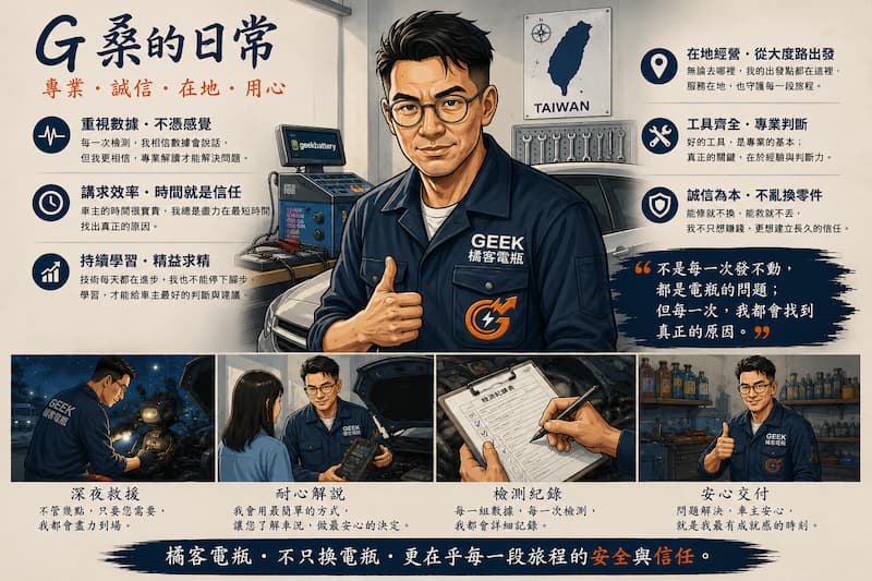 橘客電瓶 G桑品牌形象插畫,展現以檢測數據診斷電瓶故障、專業判斷與在地服務精神