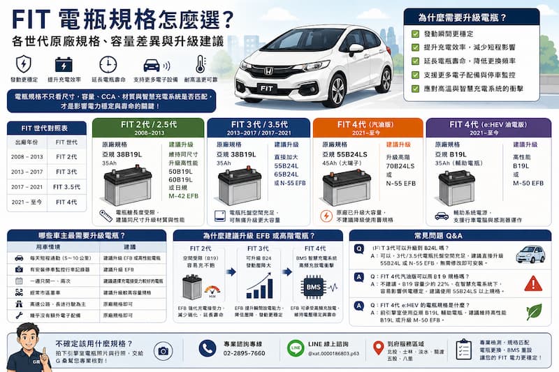 Honda FIT 各世代電瓶規格比較，包含 2代、3代、4代汽油版與 e:HEV 油電版原廠規格、升級方向及 EFB 電瓶建議示意圖