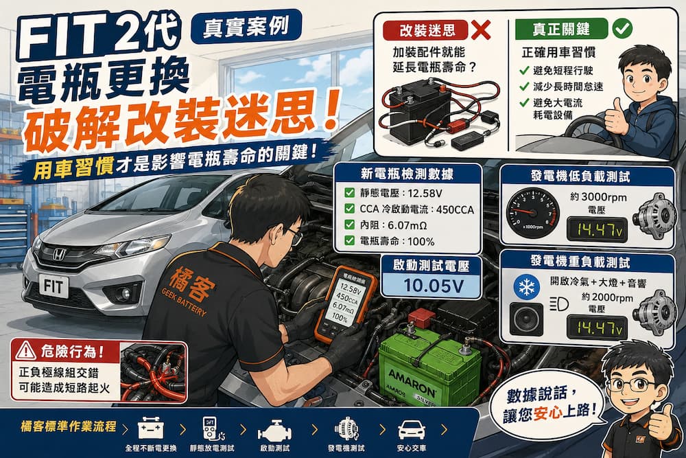 HONDA FIT 2代電瓶更換案例，解析改裝配件無法真正延長電瓶壽命，並完成 AMARON 50B19L 更換與充電系統檢測。