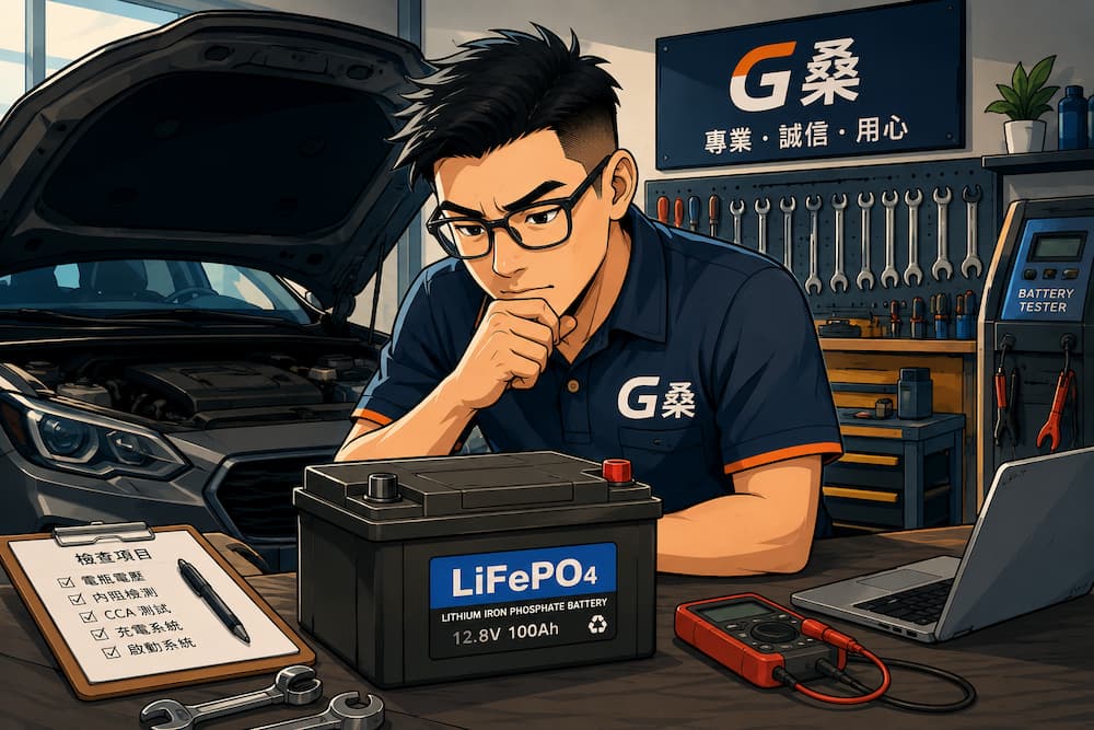 G桑於維修工坊思考汽車是否適合改用鋰鐵電池，透過原廠規範、相容性與使用需求建立判斷方式，而非單純比較品牌。