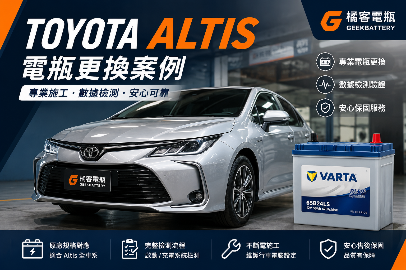 Toyota Altis 電瓶更換案例，展示汽車電瓶檢測、不斷電施工與 VARTA 電瓶升級服務