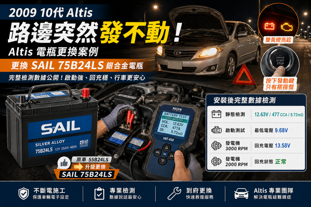 2009 Toyota Altis 10代路邊發不動電瓶更換，安裝 SAIL 75B24LS 並進行啟動與發電機回充測試