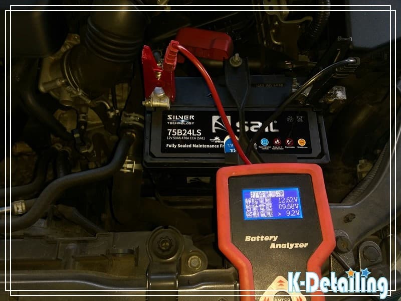 SAIL 75B24LS 銀合金電瓶啟動測試數據，啟動電壓 9.68V，表現優異