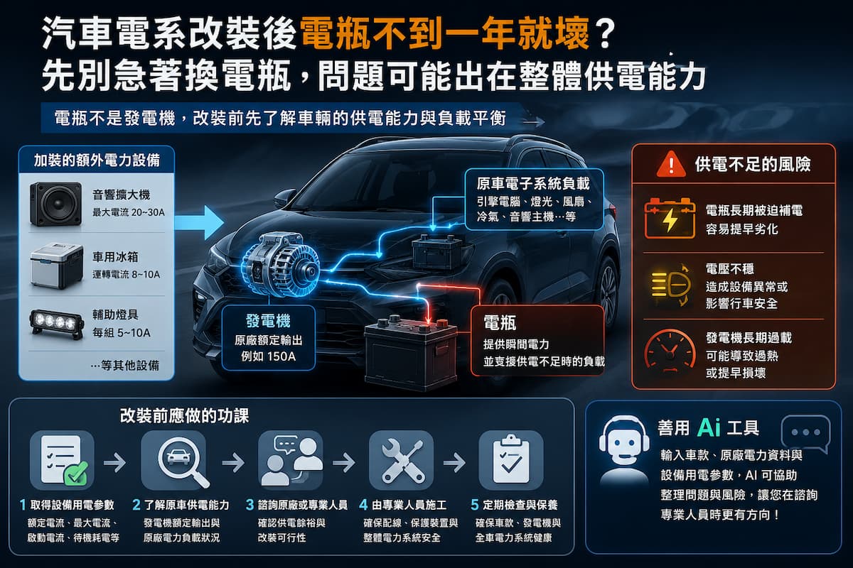 汽車電系改裝與額外電力設備供電能力示意圖