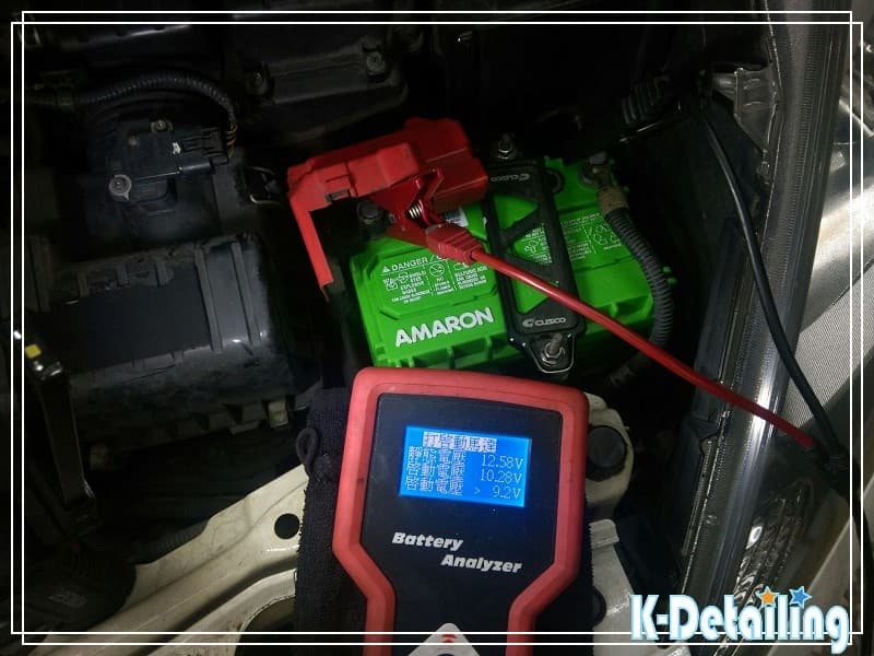 新電瓶 AMARON 50B19L 啟動檢測，顯示最低啟動電壓 10.28V 表現良好