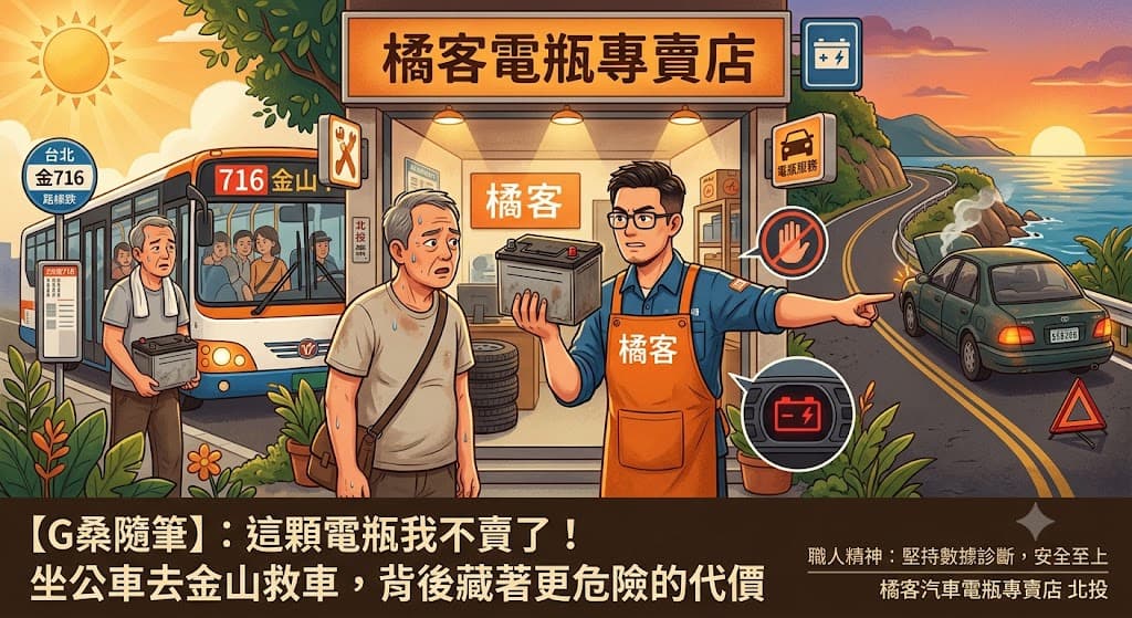 插畫呈現 車主想搭公車前往金山救援沒電的車，藉由真實情境說明長距離救援背後的時間、成本與風險考量。