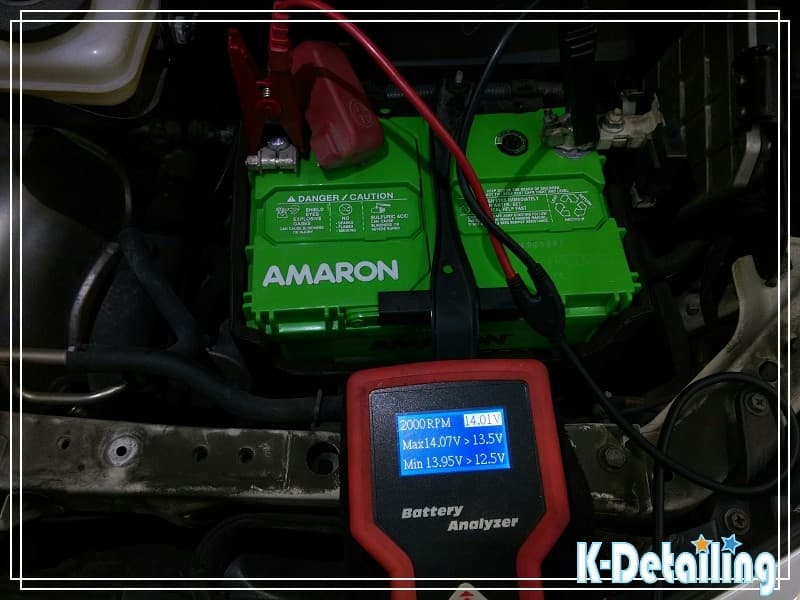 Toyota Previa 發電機 2000RPM 充電電壓測試 14.01V Toyota Previa 更換電瓶後發電機 2000RPM 測試顯示電壓 14.01V 充電正常