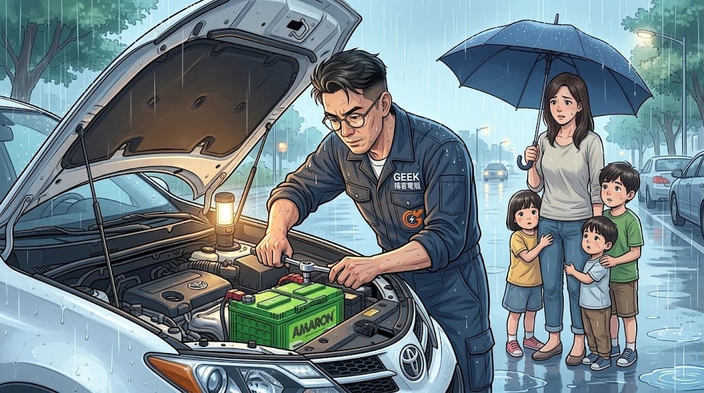 橘客職人 G桑 於雨天在石牌路邊為 2014 TOYOTA RAV4 車主緊急更換 AMARON 電瓶