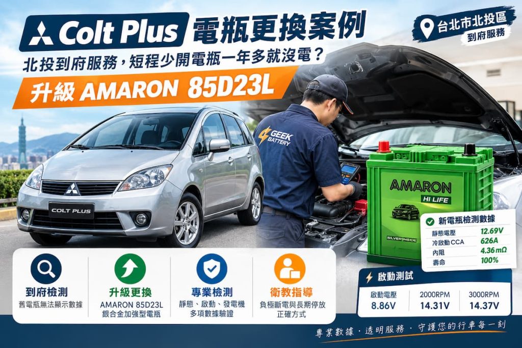 Colt Plus 電瓶更換案例，AMARON 85D23L 到府更換與電瓶實測