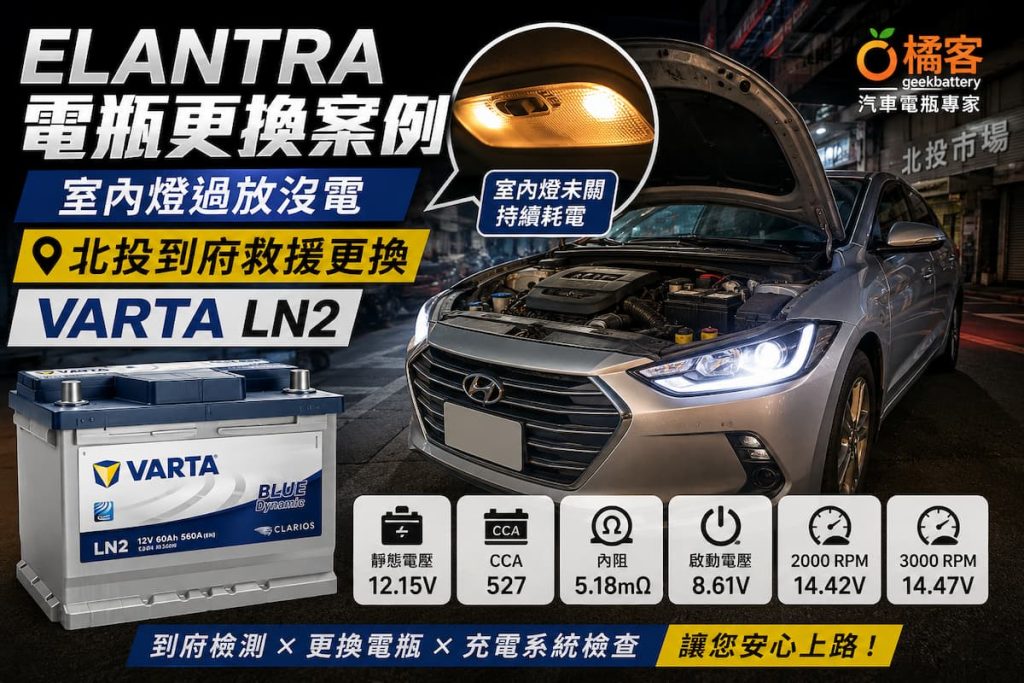 Elantra 電瓶更換案例，室內燈過放沒電，北投到府更換 VARTA LN2