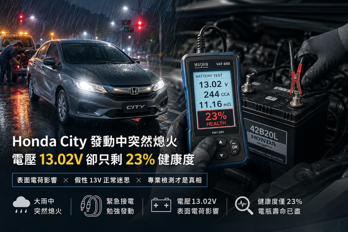 Honda City 電瓶更換案例｜發動中突然熄火，13.02V 電壓卻只剩 23% 健康度