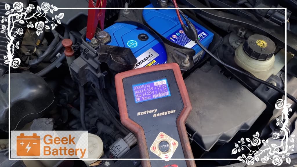 Mazda2 換裝新電瓶進行發電機 3000 RPM 高負載回充測試，電壓 14.28V 正常