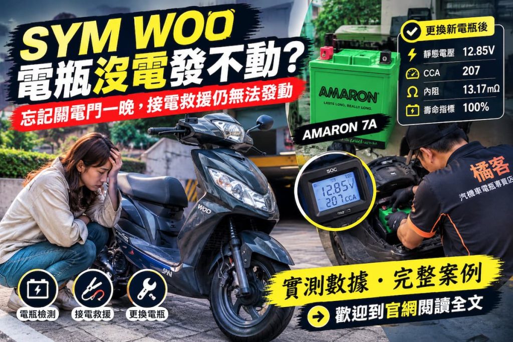 SYM WOO 機車電瓶更換，忘記關電門導致電瓶過度放電並更換 AMARON 7A